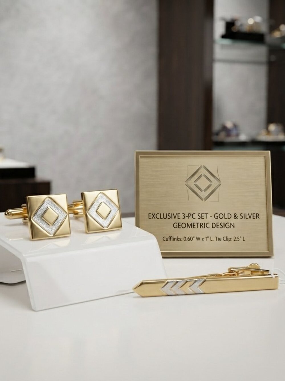 Vintage Gold & Silver-Tone Geometric 3-Piece Cufflink and Tie Clip Set